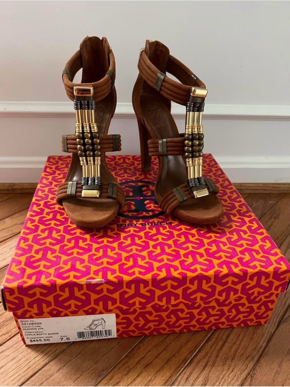 Tory Burch Carla softy Brown Beaded T-Strap High Heel Sandals